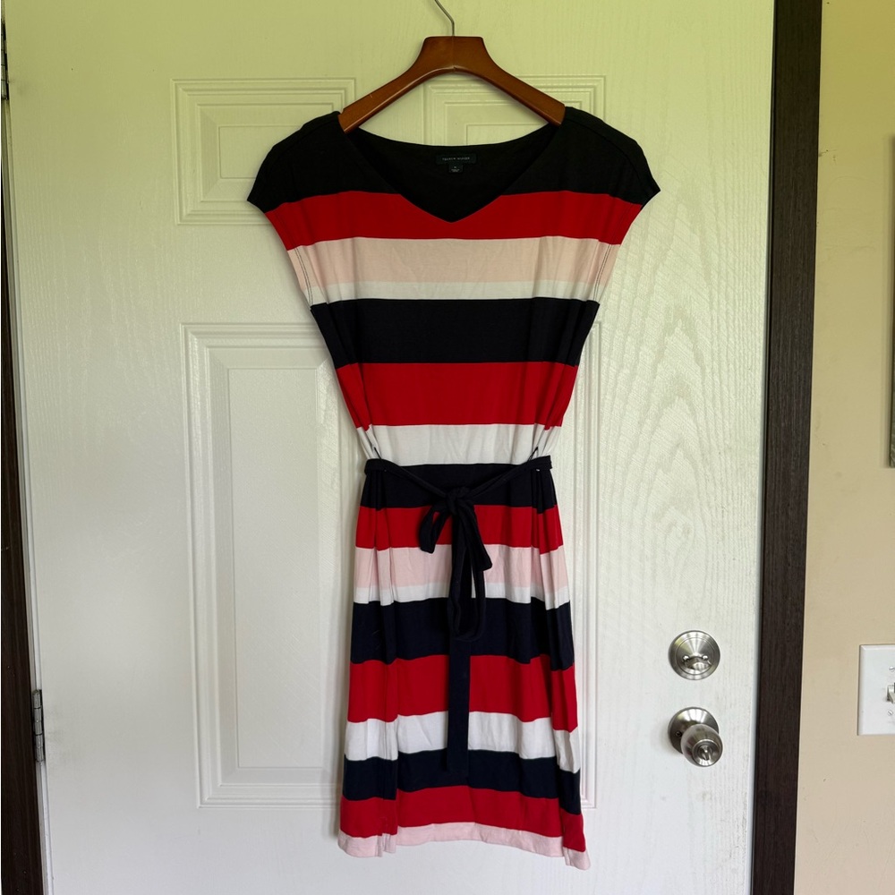 Tommy Hilfiger Navy, Red & White Striped Belted Midi Dress